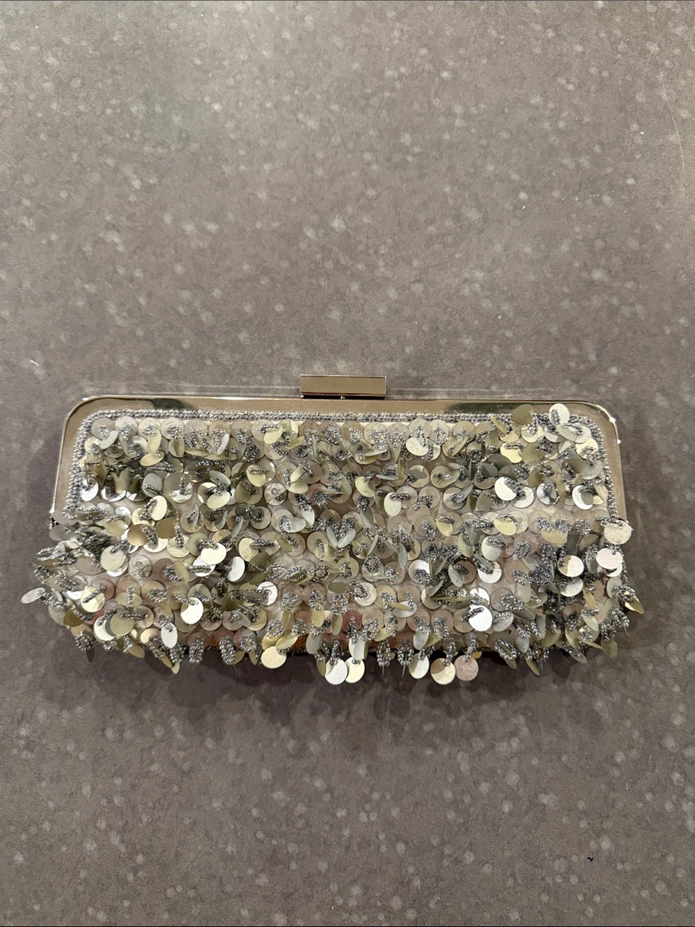New York & Company Silver Sequin Embellished Clutch